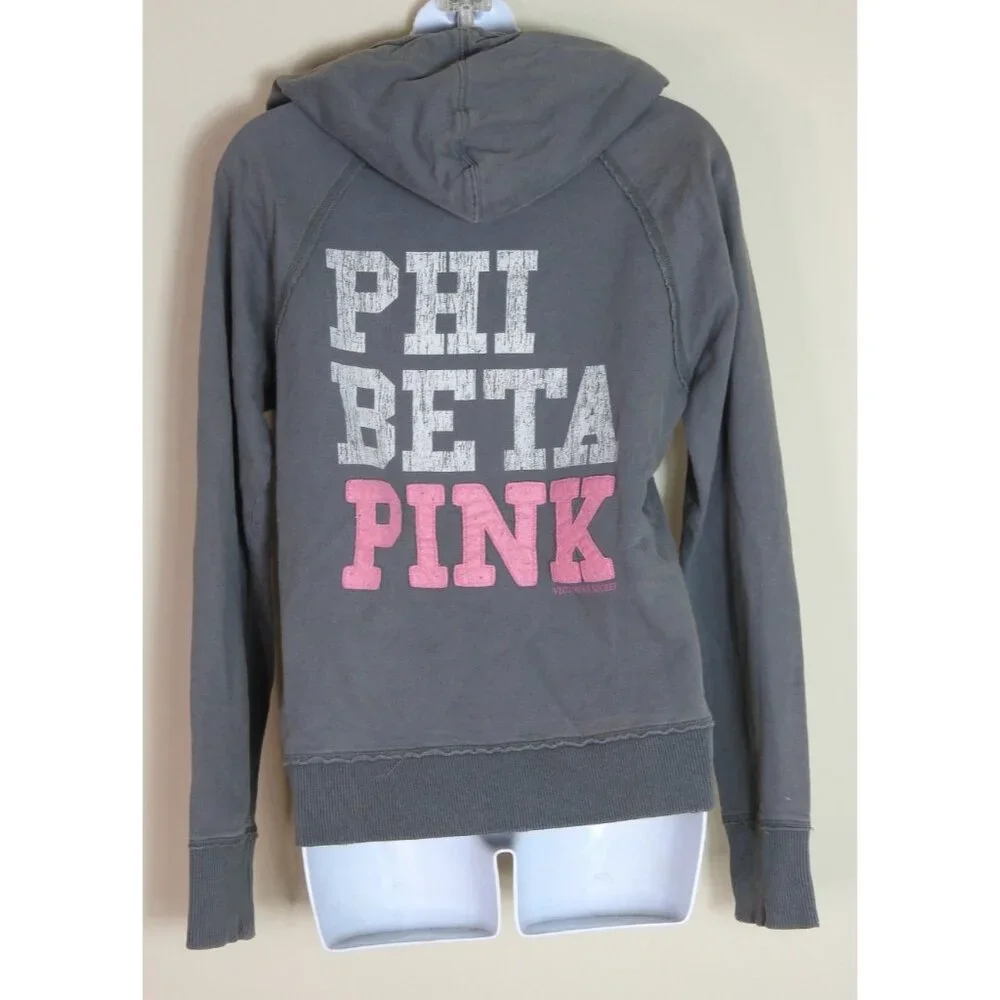 Victoria’s Secret Pink Hoodie Size Small Gray Phi Beta Pink Pullover Sweatshirt - Picture 2 of 5